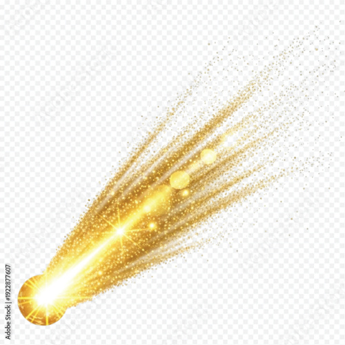 Golden Meteor Streaking Across Transparent Background with Starburst Effect and Lens Flares