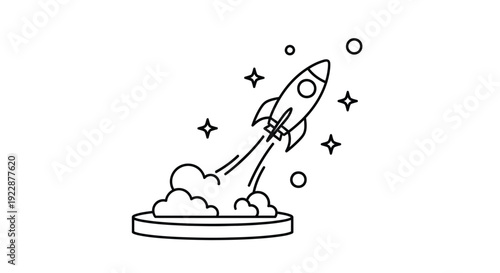 Simple line drawing of a rocket launching with stars and smoke