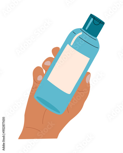 Flat, minimalist illustration of a hand with medium-brown skin holding a vibrant blue dispenser bottle isolated on transparent background, ideal for skincare or healthcare concepts.