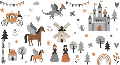 Fairy Tale Elements Collection with Castle Princess Dragon and Horse Vector