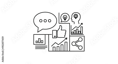 Line art icons representing communication data and positive feedback
