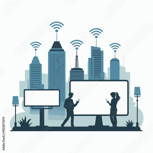 A vector graphic illustration of a cityscape with billboards and people, representing urban communication and technology
