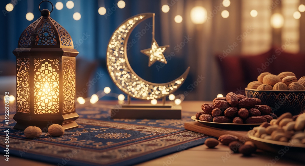 Fototapeta premium Ramadan Decor with Lantern, Crescent Moon, and Dates on Table