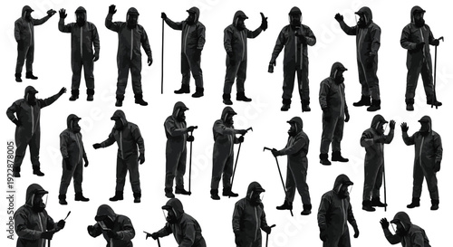 Set of 25 black silhouette hazmat suit figures vector