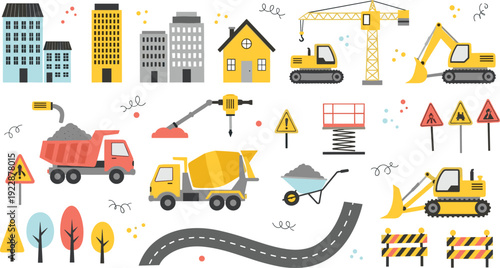 Construction Vehicles and Equipment Collection with Crane and Trucks Vector