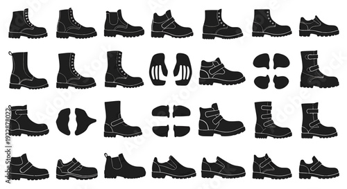 Set of 30 black boot and shoe silhouettes vector