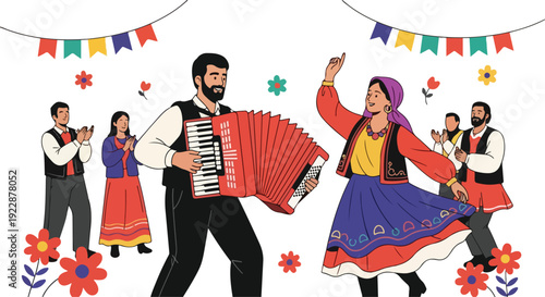 Colorful illustration of a Romani dance performance on International Romani Day with traditional clothing and accessories.