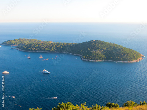 Aerial view of Lokrum island in Dubrovnik at sunset, Dalmatia, Croatia.