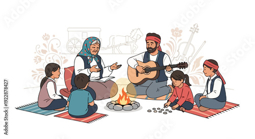 Illustration of a Romani family celebrating International Romani Day with a campfire and guitar in a colorful outdoor setting.
