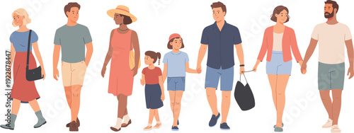 Diverse group of people and families walking together in summer clothes holding hands and carrying bags for outdoor leisure activity lifestyle