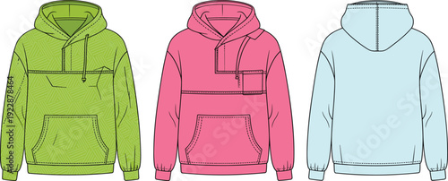 Colorful hoodie sweatshirt vector illustration set with front and back views, detailed stitching, pockets, casual streetwear apparel design template collection