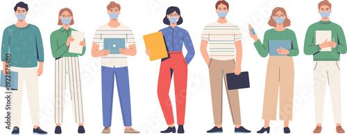 Group of diverse office workers wearing face masks holding folders and tablets standing together for safe professional business teamwork collaboration