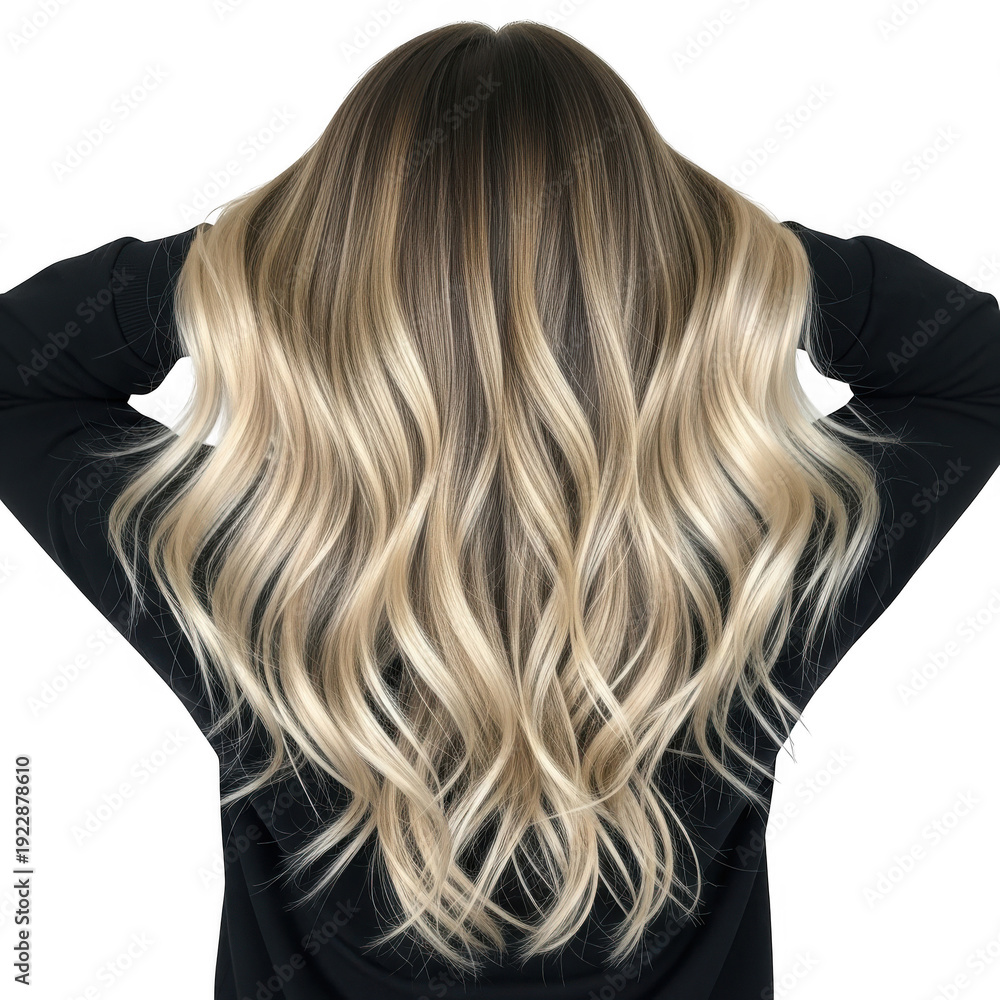 Naklejka premium Back view of a woman with long blonde hair extensions, isolated on transparent background