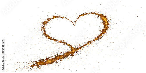 A closeup of roasted brown coffee beans and an espresso cup creates a heart shape of caffeine aroma on a white isolated background