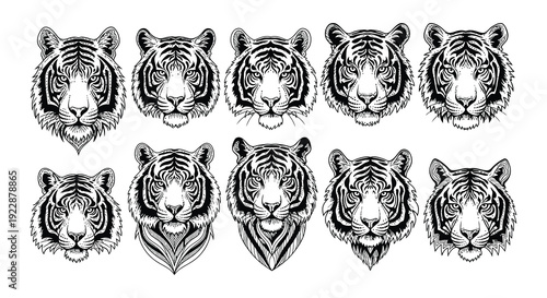 A collection of nine black and white tiger head illustrations