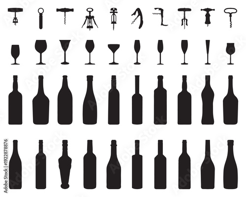 Black silhouettes of bowls, bottles, glasses and corkscrews