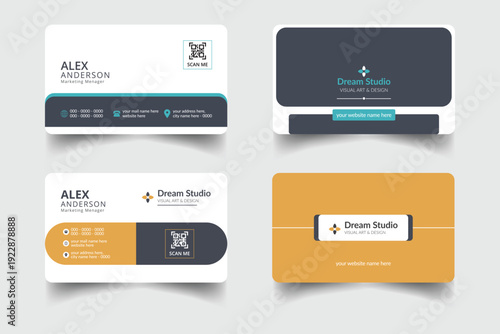 Set of 4 modern business card print templates, double-sided business card design template with professional color variation visiting card layout set.
