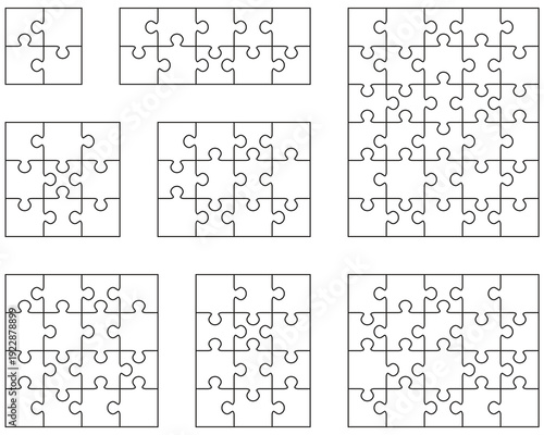 Illustration of eight white puzzles, separate pieces