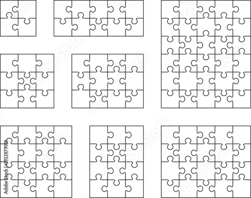 Illustration of eight white puzzles, separate pieces