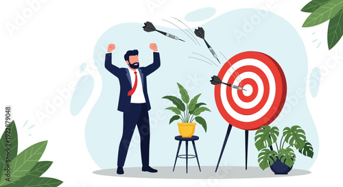 Man in a suit, raising his arms in triumph, stands beside a target with three darts successfully hitting the bullseye. Potted plants surround them.