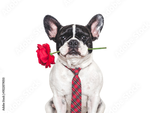 Canvastavla Cute dog wearing a red plaid tie and holding a rose on an isolated background