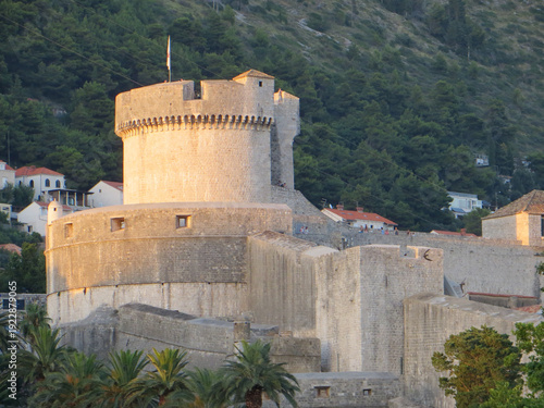 Minceta Tower and Dubrovnik medieval old town city walls. Locally known as Tvrdava Minceta, the fortress was named after the Mencetic family who owned the ground which the tower was built upon.
