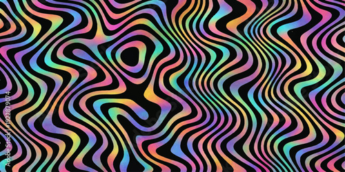 A bright psychedelic seamless pattern vector featuring colorful rainbow waves and abstract swirls creates a vibrant textile wallpaper design with an ornamental yellow and green line texture