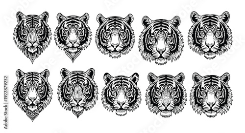 A collection of nine black and white tiger head illustrations