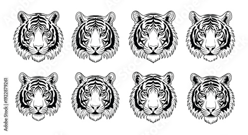 A collection of nine black and white tiger head illustrations