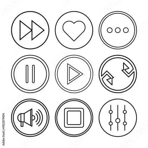 Minimalist Media Player Control Icon Set for Music and Video UI - Scalable and Editable Vector Illustration
