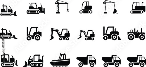 Construction machinery icon set featuring excavator bulldozer crane forklift tractor dump truck and heavy equipment silhouettes vector illustration collection