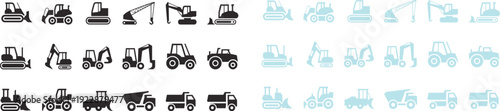 Construction machinery icon collection with excavator bulldozer crane forklift tractor dump truck silhouettes in black and blue vector setConstruction machinery icon collection with excavator 