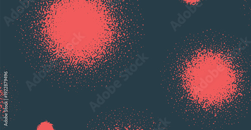Abstract grunge splatter background in dark teal and red coral with distressed spray paint texture