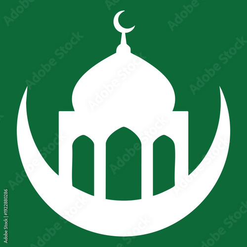 Photography White mosque dome with crescent moon and star on a green square background islam