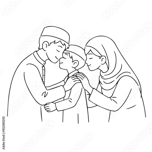 Parents and Son Giving Eid Salam Line Art