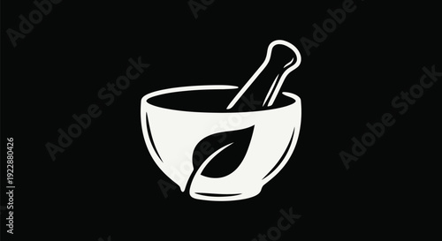 Mortar and Pestle Negative Space Leaf – Off-White Minimal Line Art Vector on Black Background Poster