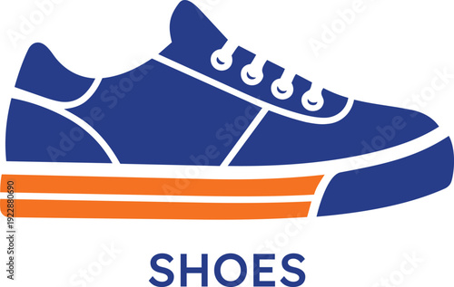 Modern blue and orange sneaker icon isolated on a white background featuring a sleek athletic design perfect for footwear retail branding and sporting goods store graphics