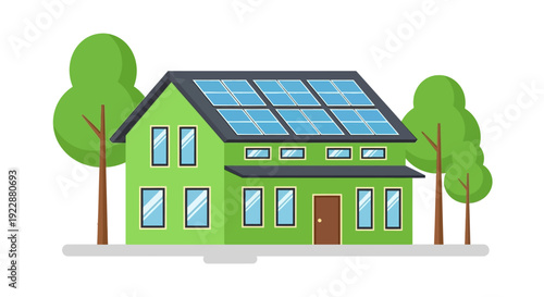 Eco-friendly green house with solar panels on roof