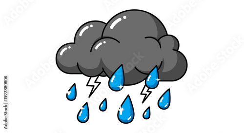 Cartoon storm cloud with raindrops and lightning bolts