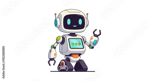 Cute robot with wrench standing on floor with friendly expression