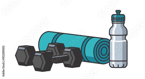 Fitness essentials for a healthy lifestyle with dumbbells, yoga mat, and water bottle