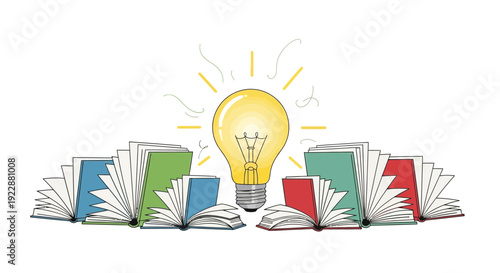 Vibrant books and glowing light bulb symbolizing education and inspiration
