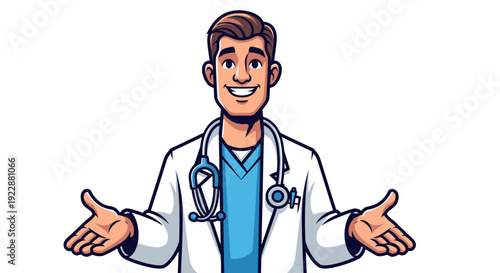 Smiling doctor with open arms in white coat and stethoscope