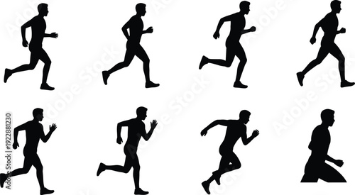 Running silhouettes with jogging, sprinting, athletic motion, fitness training, sports exercise, dynamic human movement illustration