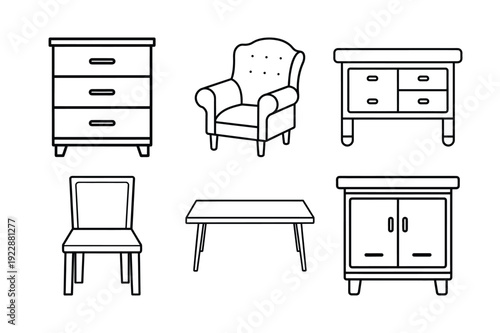 Minimalist Furniture Line Art Icon Set for Home Decor and Interior Design - Scalable and Editable Vector Illustration

