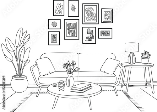 Line art drawing of modern living room interior with cozy sofa gallery wall coffee table potted plants and home decorations