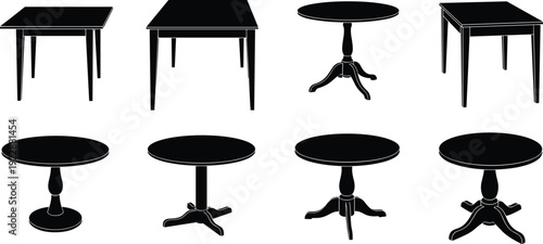 Black table silhouettes collection featuring square and round dining tables isolated on white background, classic and modern furniture design set for interior projects.