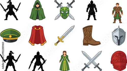 Medieval fantasy warrior icon set knight sword armor cloak shield vector illustration game character equipment isolated collection design