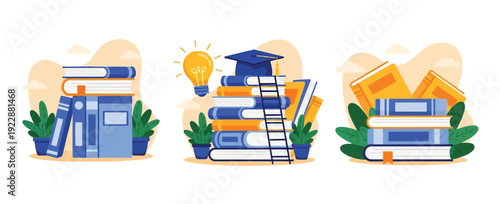 Illustration of three book stacks surrounded by plants. Middle stack with a graduation cap and lightbulb symbolizes learning. Bright and educational theme.