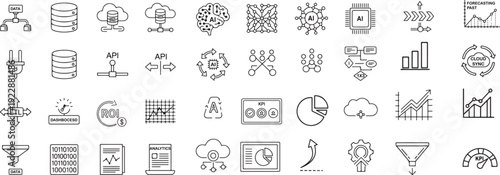Collection of diverse linear icons representing technology and data concepts